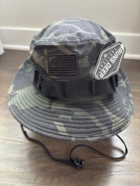 Runs Deep Tactical Camo  Boonie Hat, adjustable chin strap,vented